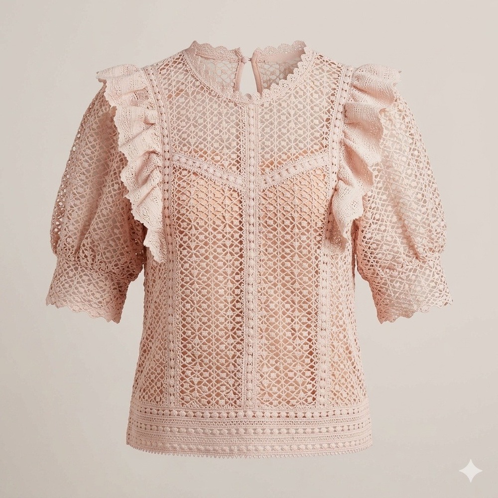 Ultra Pink Women Blush Pink Crochet Lace Ruffle Puff Sleeve Top L Romantic Sheer